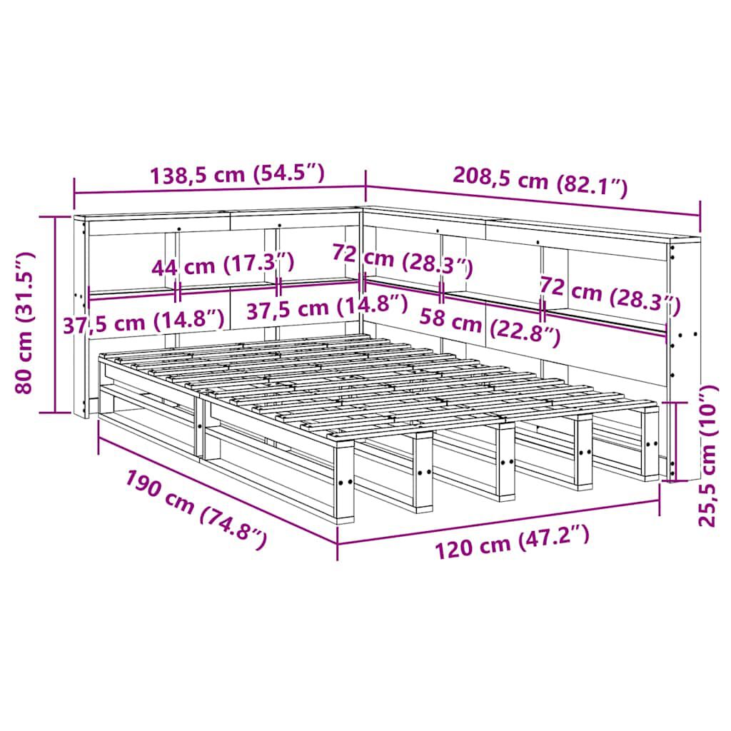 vidaXL Κρεβάτι Βιβλιοθήκη Χωρίς Στρώμα 120x190 εκ Μασίφ Ξύλο Πεύκου