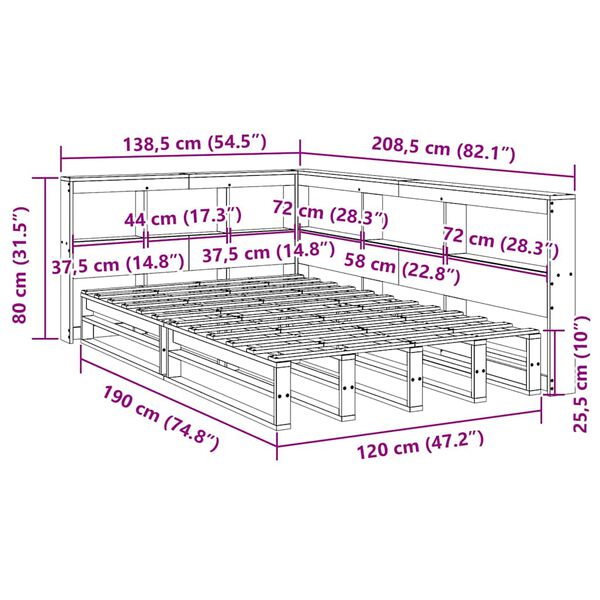 vidaXL Κρεβάτι Βιβλιοθήκη Χωρίς Στρώμα 120x190 εκ Μασίφ Ξύλο Πεύκου