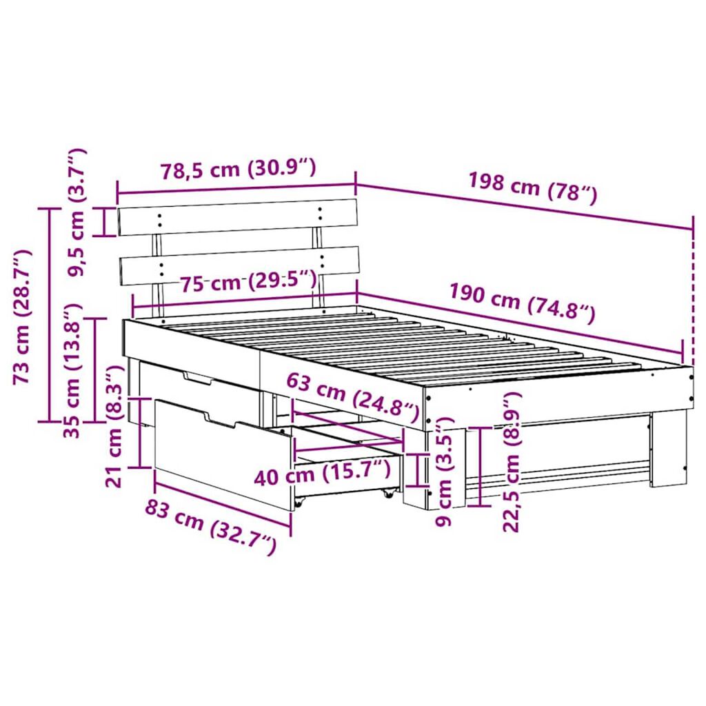 vidaXL Σκελετός Κρεβατιού Καφέ κεριού 75 x 190 cm Μασίφ ξύλο πεύκου