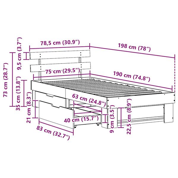 vidaXL Σκελετός Κρεβατιού Καφέ κεριού 75 x 190 cm Μασίφ ξύλο πεύκου