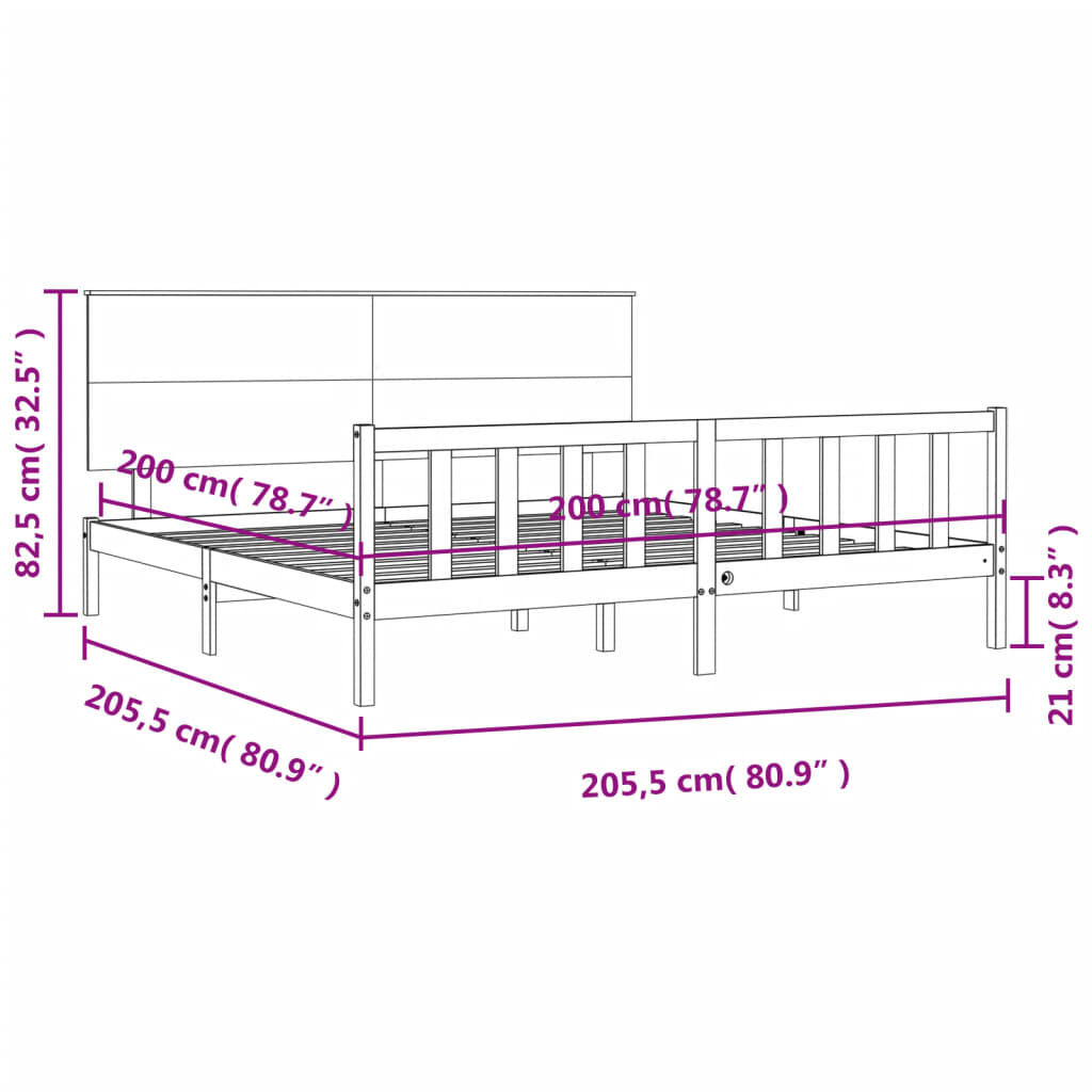 vidaXL Πλαίσιο Κρεβατιού με Κεφαλάρι Μαύρο 200x200 εκ. Μασίφ Ξύλο