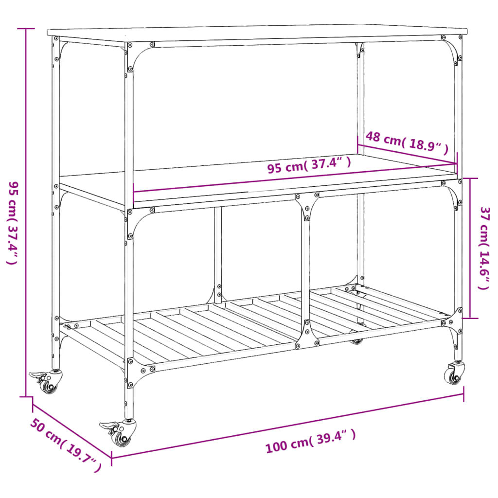 vidaXL Τρόλεϊ Κουζίνας Καπνιστή Δρυς 100x50x95 εκ. Επεξεργασμένο Ξύλο