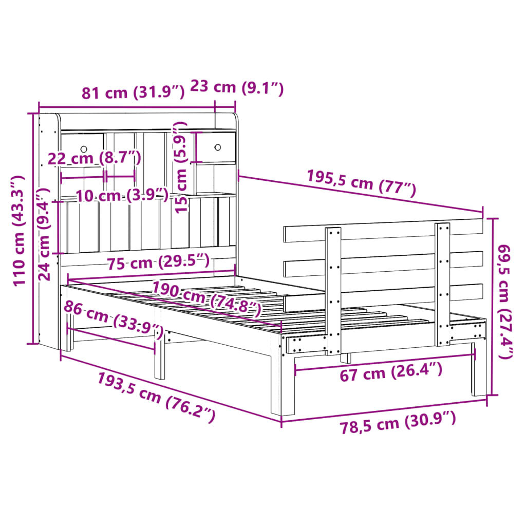 vidaXL Κρεβάτι Βιβλιοθήκη Χωρίς Στρώμα 75x190 εκ Μασίφ Ξύλο Πεύκου