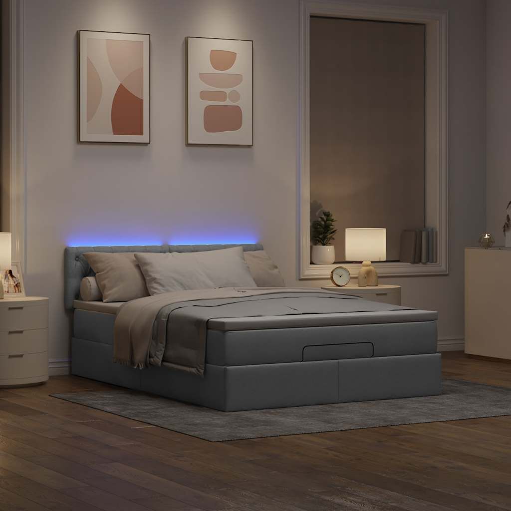 vidaXL Οθωμανικό κρεβάτι με στρώμα&LEDs Ανοιχτό γκρι 140x190cm Ύφασμα