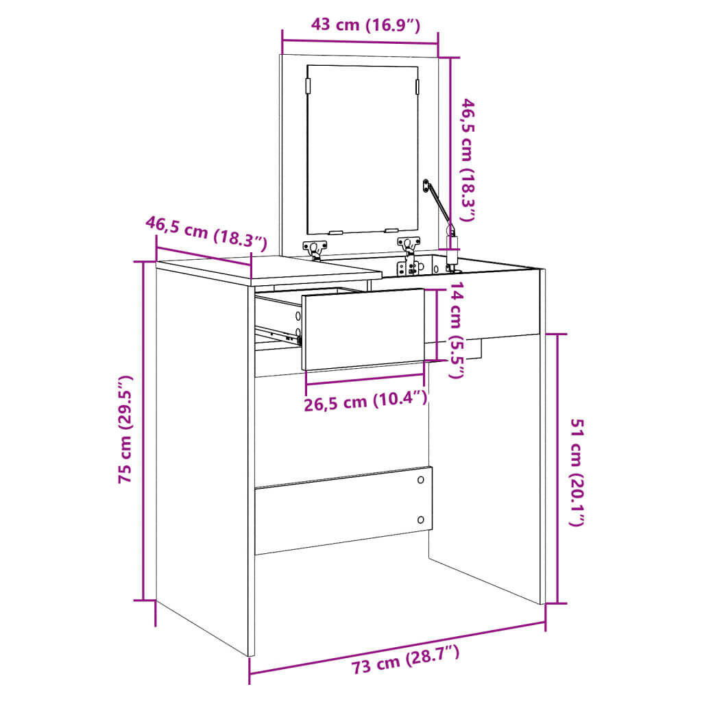 vidaXL Μπουντουάρ με Καθρέφτη Γκρι Sonoma 73x46,5x120 εκ.