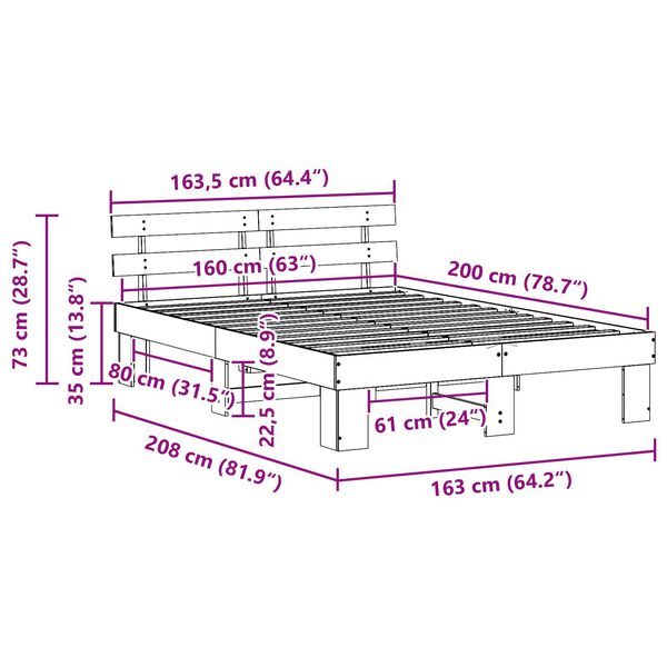 vidaXL Σκελετός Κρεβατιού Καφέ 160 x 200 cm Μασίφ ξύλο πεύκου