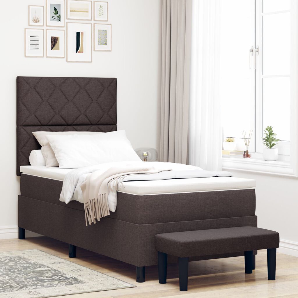 vidaXL Κρεβάτι Box Spring με Στρώμα & Πάγκο Σκούρο Καφέ 90x200 εκ. Ύφασμα