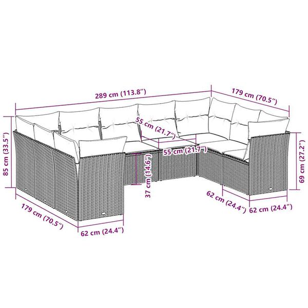 vidaXL Σαλόνι Κήπου Σετ 9 Τεμαχίων Γκρι Συνθετικό Ρατάν με Μαξιλάρια