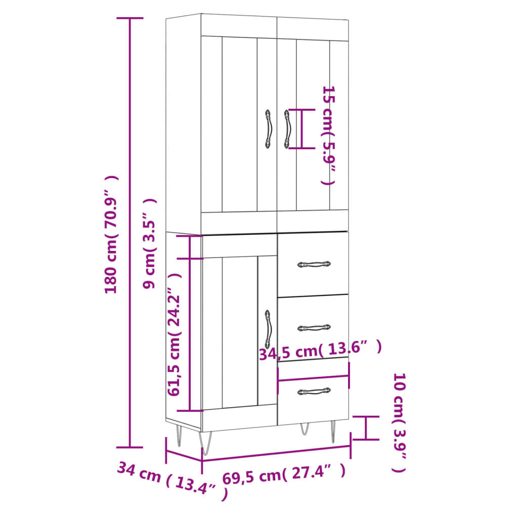 vidaXL Ντουλάπι Γυαλιστερό Λευκό 69,5x34x180 εκ. Επεξεργασμένο Ξύλο