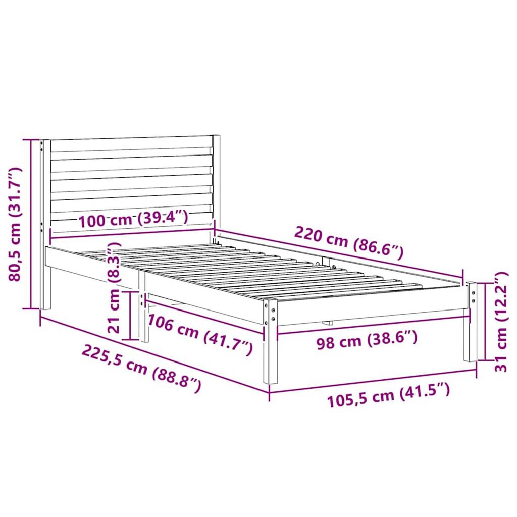 vidaXL Σκελετός Κρεβατιού Λευκό 100 x 220 cm Μασίφ ξύλο πεύκου