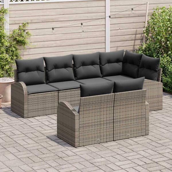 vidaXL Σετ Καναπέ Κήπου με μαξιλάρι 7 pcs Γκρι Πολυ ράταν