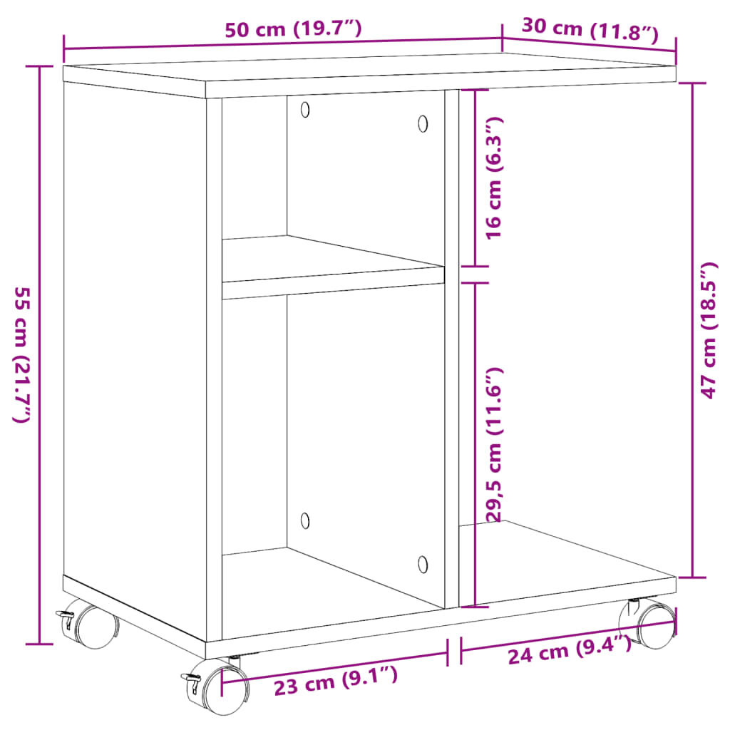 vidaXL Βοηθητικό Τραπέζι με Ρόδες Sonoma Δρυς 50x30x55 εκ. Επεξ. Ξύλο