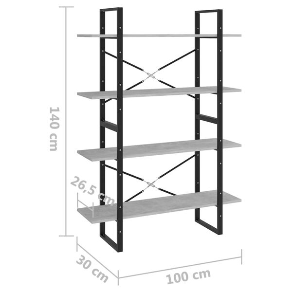 vidaXL Βιβλιοθήκη με 4 Ράφια Γκρι Σκυροδέμ. 100x30x140 εκ. Επεξ. Ξύλο