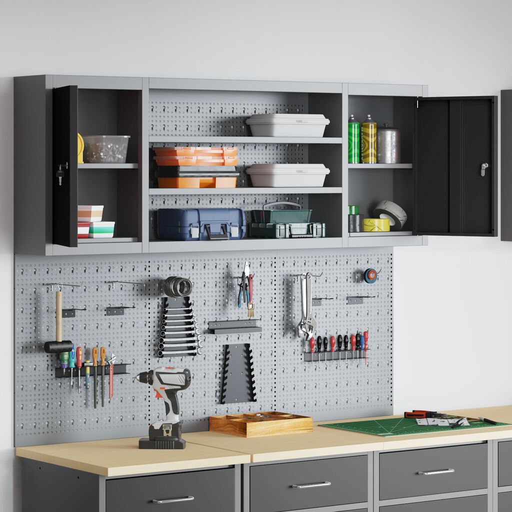 vidaXL Σετ Εργαλείων με 6 Τεμάχια και Πίνακα Pegboard Τοίχου Μαύρο Μέταλλο