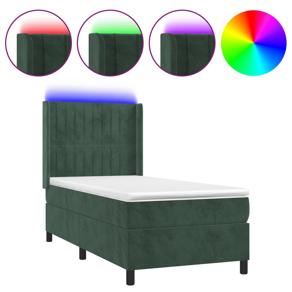 vidaXL Κρεβάτι Boxspring με Στρώμα & LED Σκ. Πράσινο 100x200εκ Βελούδο