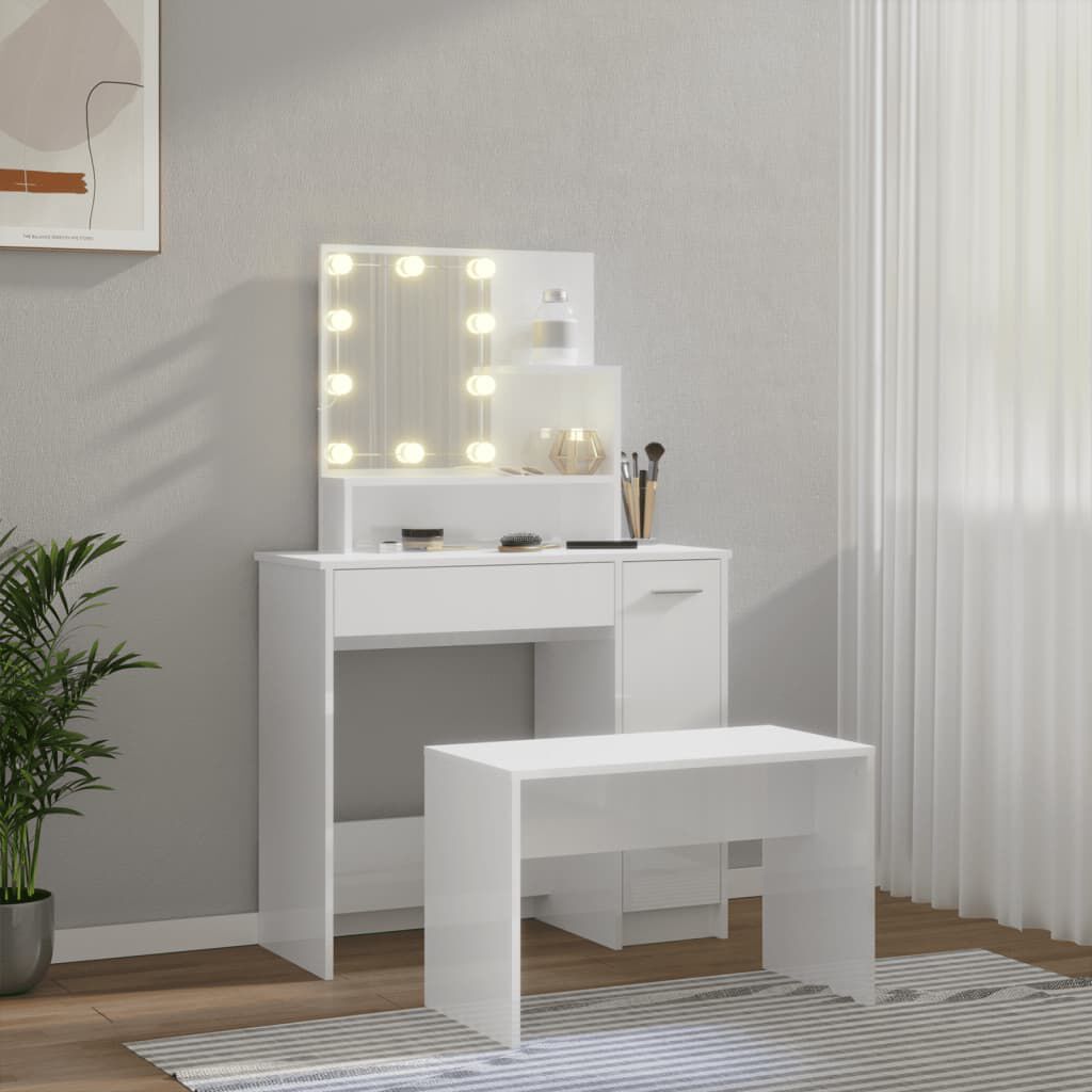 vidaXL Μπουντουάρ Σετ με LED Γυαλιστερό λευκό από Επεξεργασμένο Ξύλο