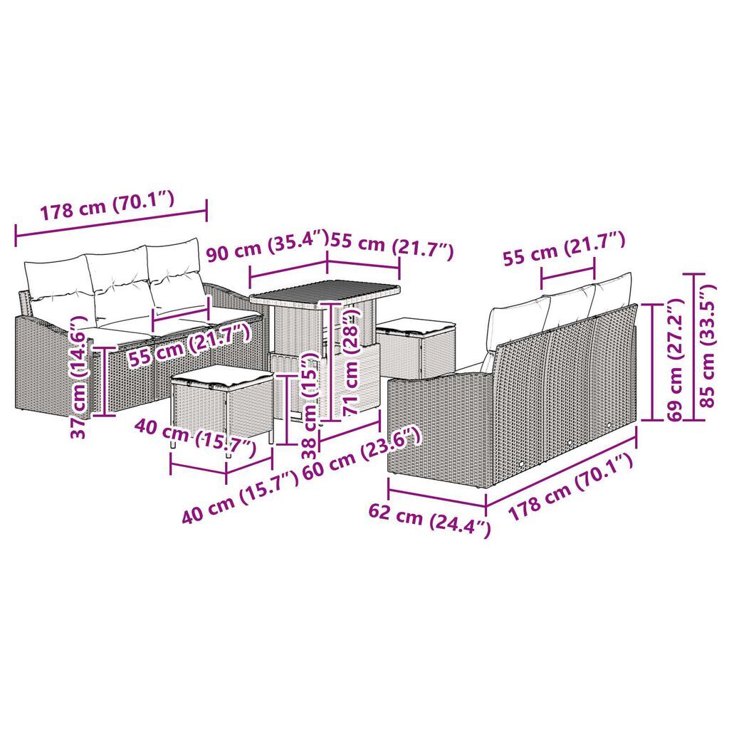 vidaXL Σετ Καναπέ Κήπου με μαξιλάρι 9 pcs Γκρι Πολυ ράταν
