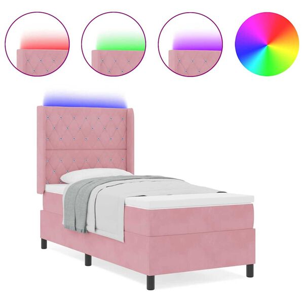 vidaXL Κρεβάτι Box Spring LED με Στρώμα Argyle Ροζ 90 x 190 cm Βελούδο