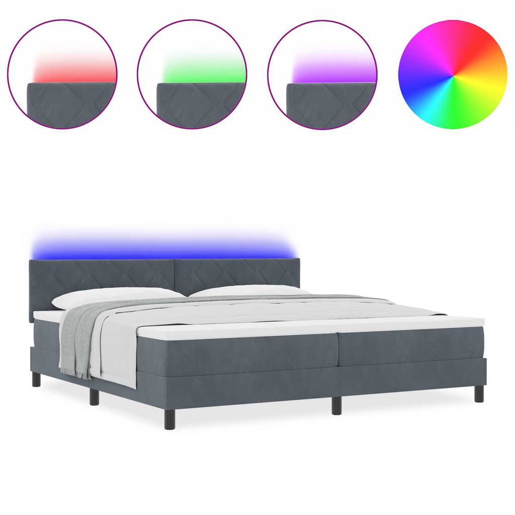 vidaXL Κρεβάτι Box Spring με Ματράς & LED Σκούρο Γκρι 200x200 εκ. Βελούδο