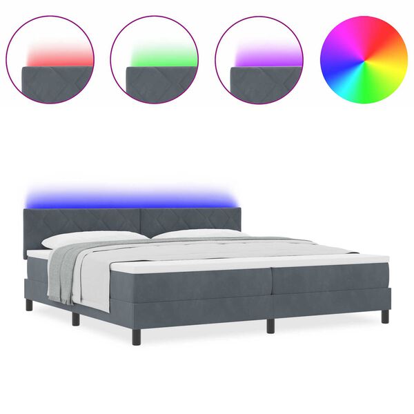 vidaXL Κρεβάτι Box Spring με Ματράς & LED Σκούρο Γκρι 200x200 εκ. Βελούδο