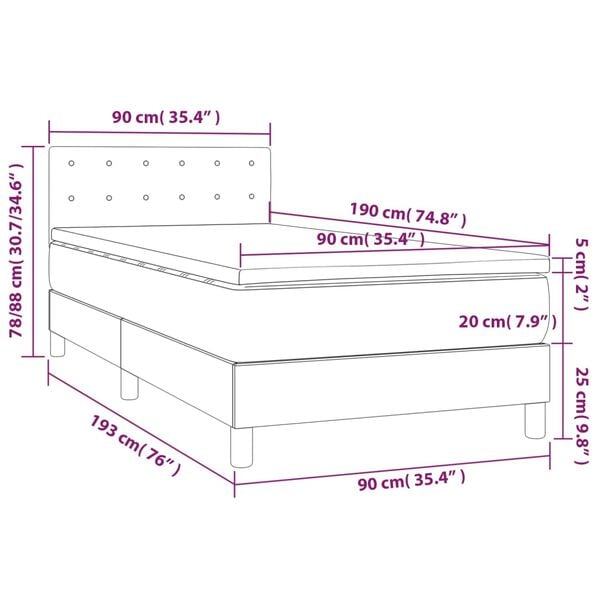 vidaXL Κρεβάτι Boxspring με Στρώμα & LED Γκρι 90x190 εκ. Συνθ. Δέρμα