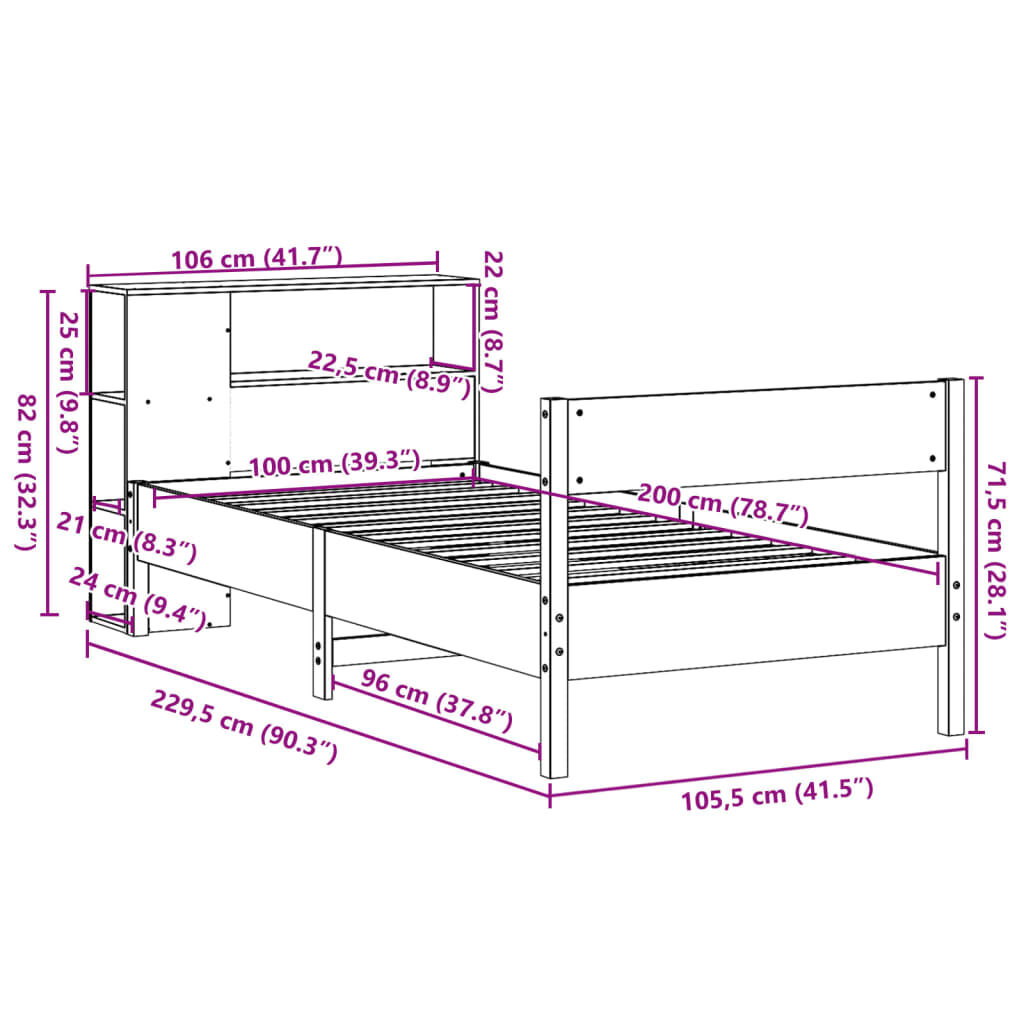 vidaXL Κρεβάτι Βιβλιοθήκη Χωρίς Στρώμα 100x200 εκ Μασίφ Ξύλο Πεύκου