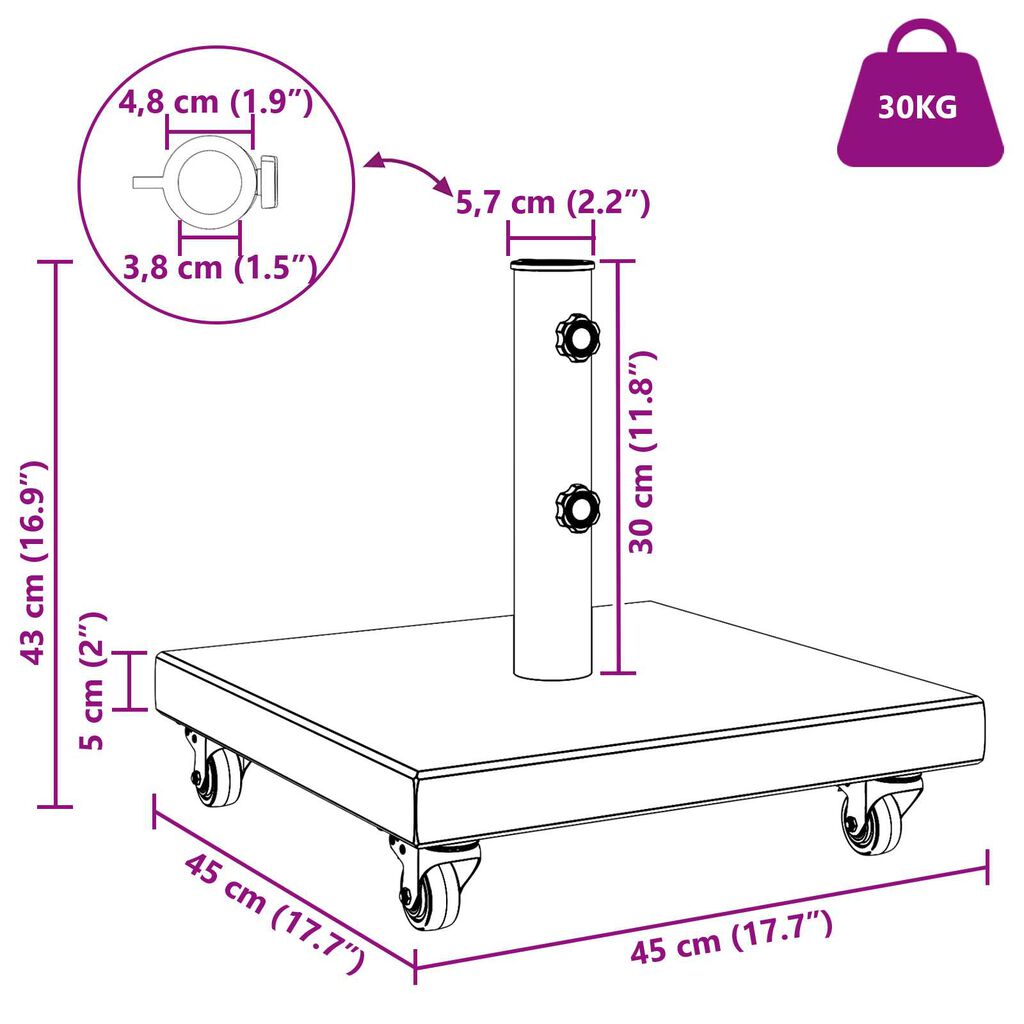 vidaXL Βάση ομπρέλας με ρόδες για καμπύλες Ø38/48mm γκρι γρανίτη 30 kg τετράγωνη