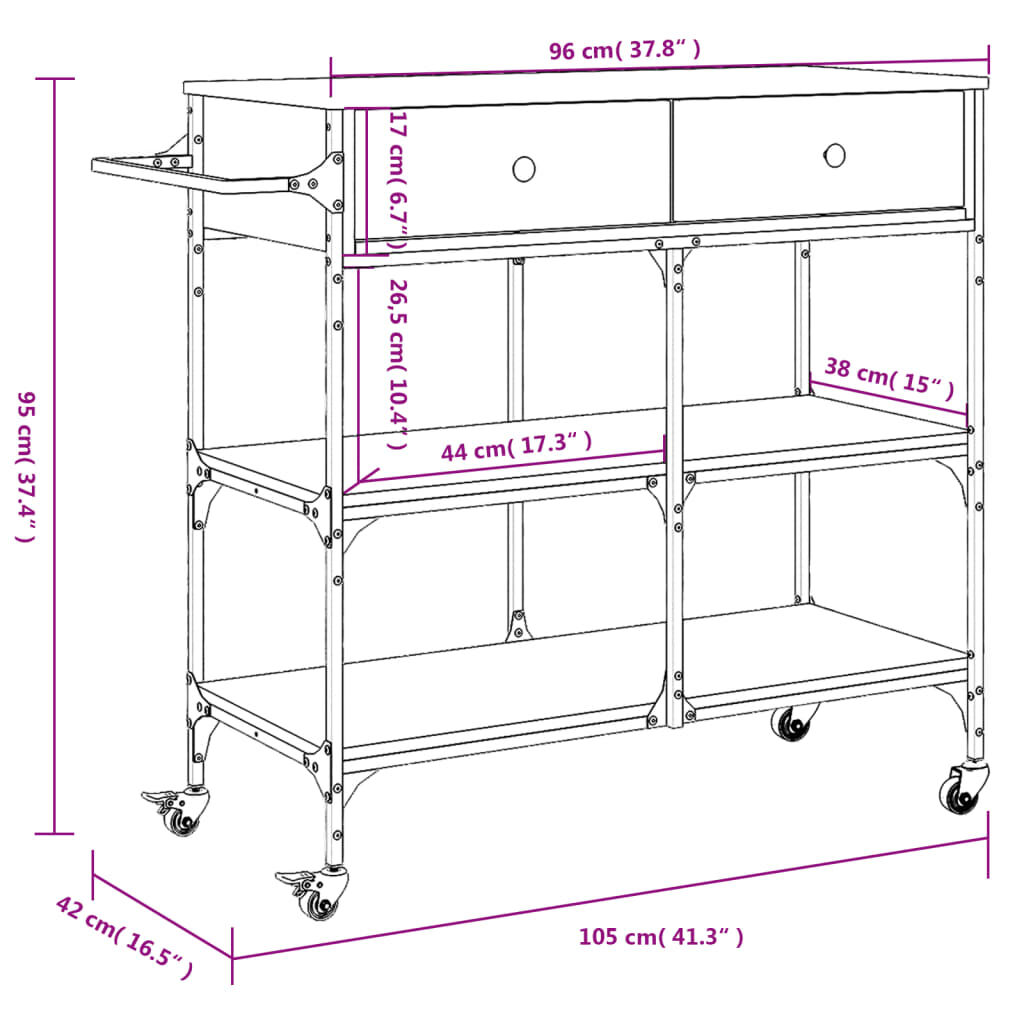 vidaXL Τρόλεϊ Κουζίνας Καφέ Δρυς 105x42x95 εκ. Επεξεργασμένο Ξύλο