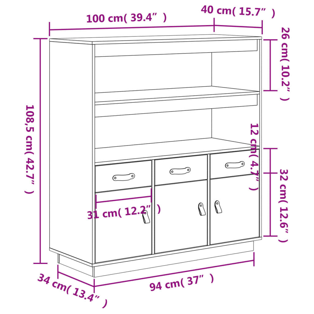vidaXL Ντουλάπι Ψηλό Λευκό 100x40x108,5 εκ. από Μασίφ Ξύλο Πεύκου