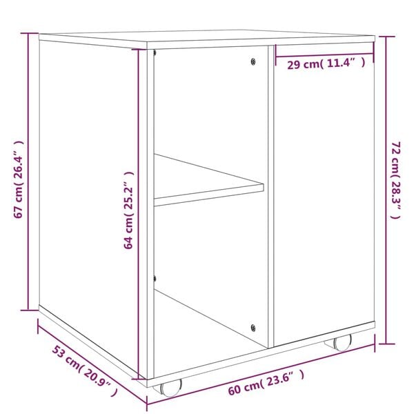 vidaXL Ντουλάπι Με Ροδάκια Καφέ Δρυς 60 x 53 x 72 εκ. Επεξεργ. Ξύλο