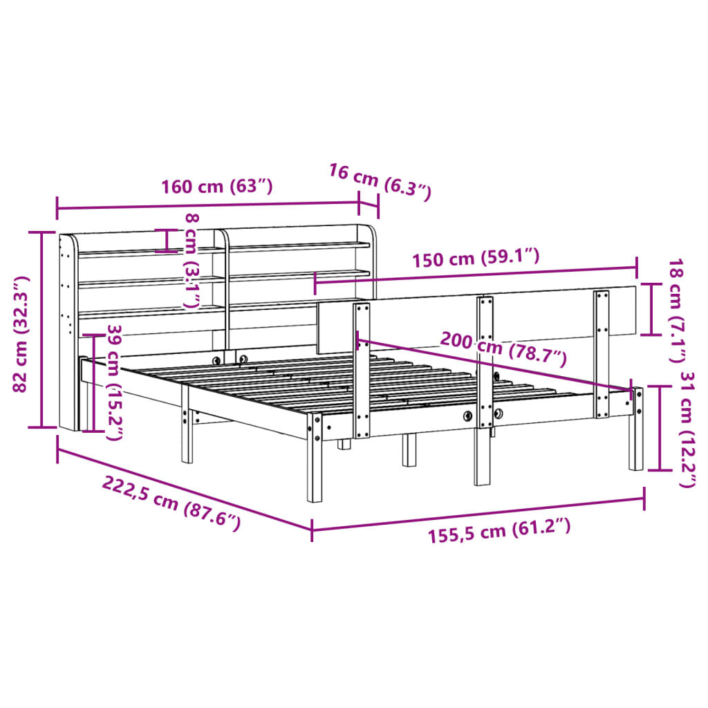 vidaXL Σκελετός Κρεβατιού Χωρίς Στρώμα 150x200 εκ Μασίφ Ξύλο Πεύκου