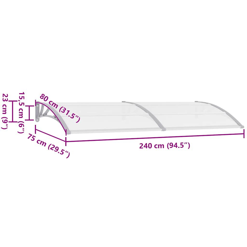vidaXL Στέγαστρο Πόρτας Γκρι / Διαφανές 240 x 75 εκ. Πολυανθρακικό