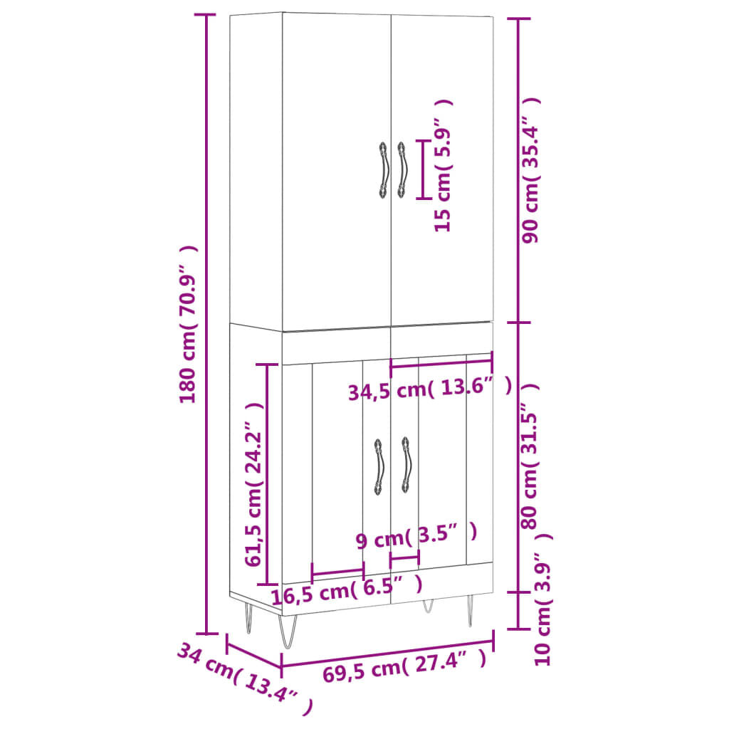 vidaXL Ντουλάπι Λευκό 69,5x34x180 εκ. από Επεξεργασμένο Ξύλο
