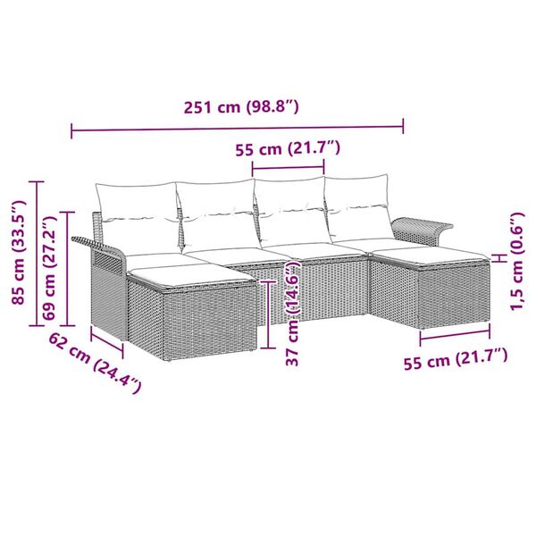 vidaXL Σετ Καναπέ Κήπου με μαξιλάρι 6 pcs Καφέ Πολυ ράταν