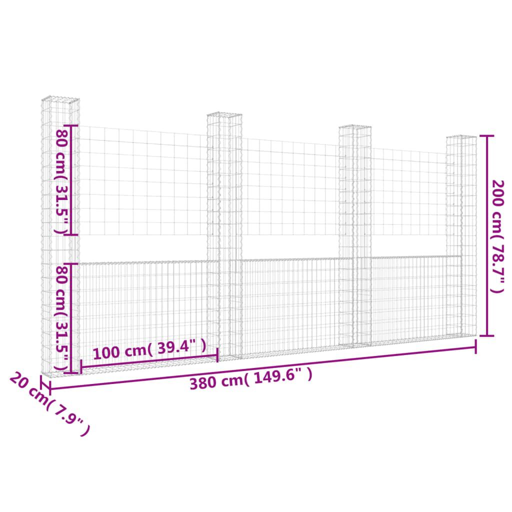 vidaXL Συρματοκιβώτιο σε U Σχήμα με 4 Στύλους 380x20x200 εκ. Σιδερένιο