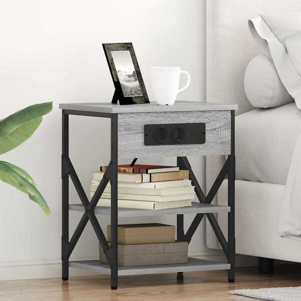 vidaXL Κομοδίνο με Σταθμό Φόρτισης με ράφι 2 pcs Γκρι sonoma