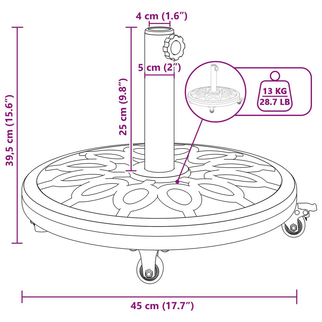 vidaXL Βάση Ομπρέλας με Ρόδες για Πόλους Ø38-48 mm 13 kg Στρογγυλή