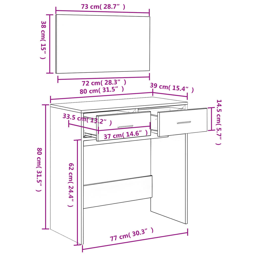 vidaXL Μπουντουάρ με Καθρέφτη Sonoma Δρυς 80 x 39 x 80 εκ.