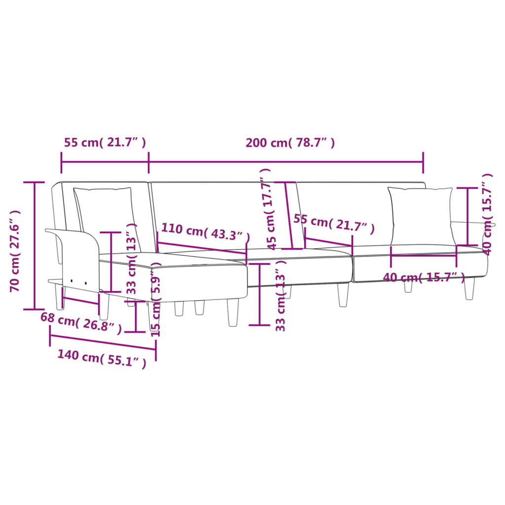 vidaXL Καναπές Κρεβάτι Γωνιακός Μαύρος 279 x 140 x 70 εκ. Υφασμάτινος