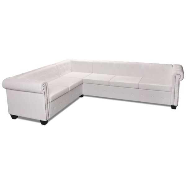 vidaXL Καναπές Γωνιακός Εξαθέσιος Chesterfield Λευκός Συνθετικό Δέρμα