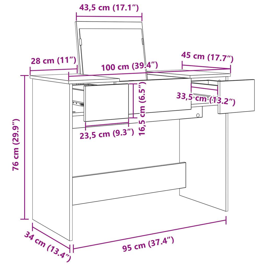 vidaXL Τουαλέτα με Καθρέφτη Μαύρη Κερασιά 100x45x76 εκ.