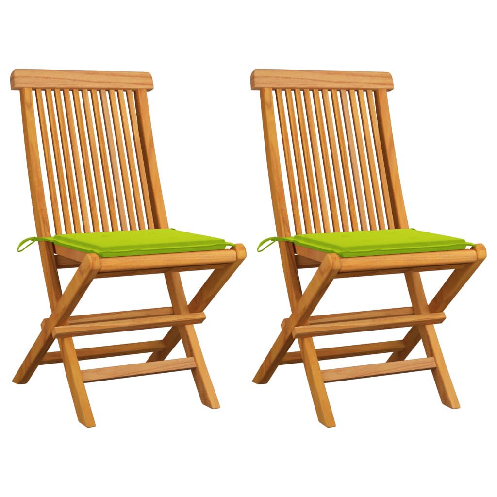 vidaXL Καρέκλες Κήπου 2 τεμ. Μασίφ Ξύλο Teak Φωτεινά Πράσινα Μαξιλάρια