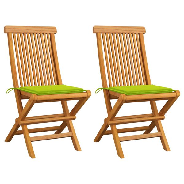vidaXL Καρέκλες Κήπου 2 τεμ. Μασίφ Ξύλο Teak Φωτεινά Πράσινα Μαξιλάρια