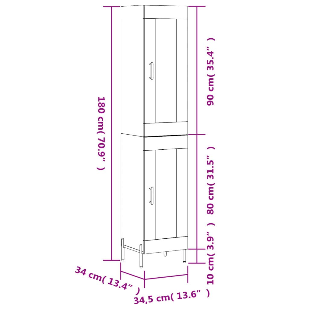vidaXL Ντουλάπι Λευκό 34,5 x 34 x 180 εκ. από Επεξεργασμένο Ξύλο