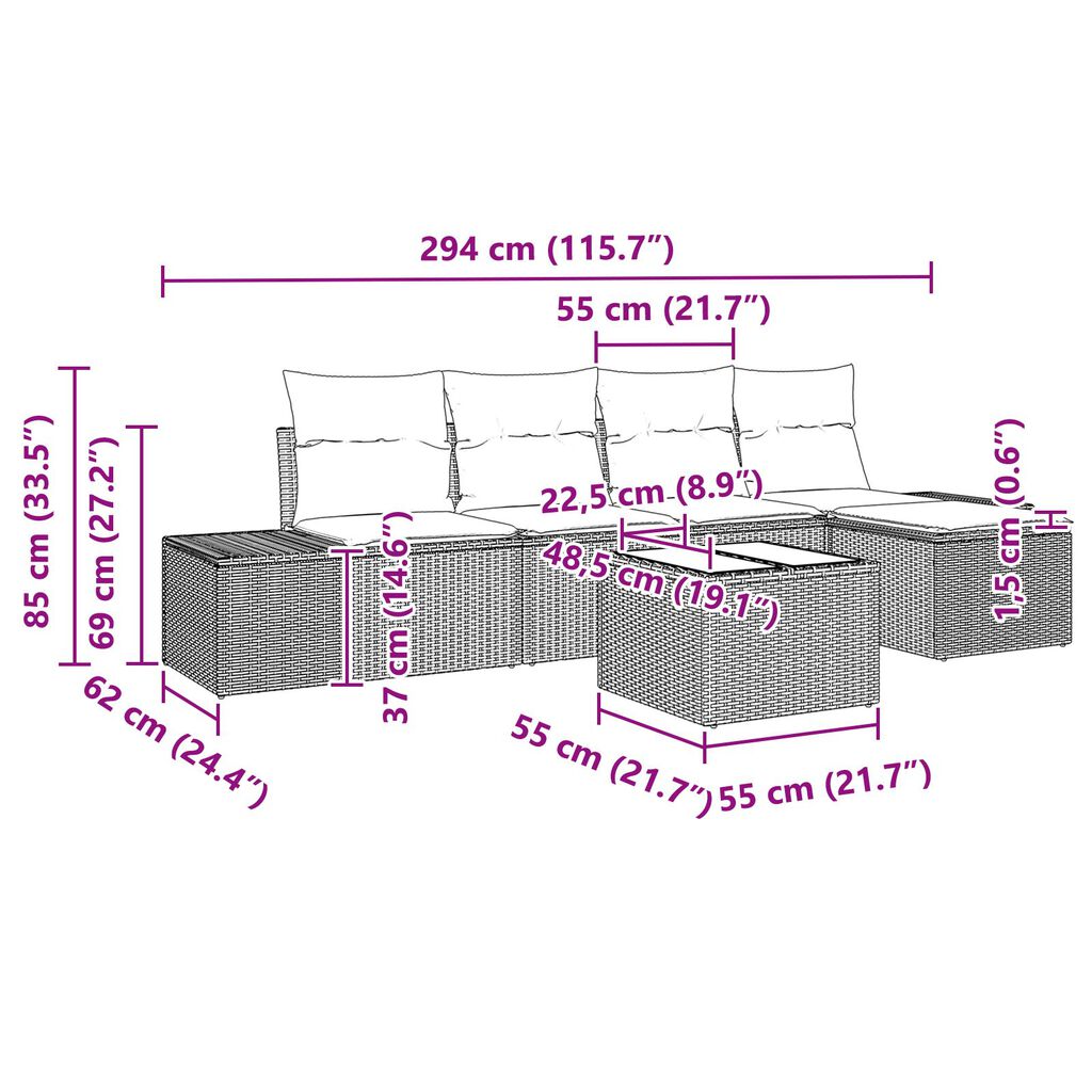 vidaXL Σετ 6 Τεμαχίων Καναπέ Κήπου με Μαξιλάρια Γκρι Πολυ Ρατάν
