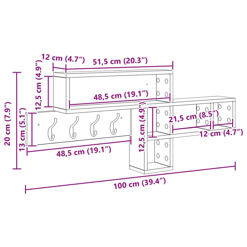 vidaXL Τοίχου Κρεμάστρα με ράφι Γκρι σκυρόδεμα 100 x 12 x 43.5 εκ