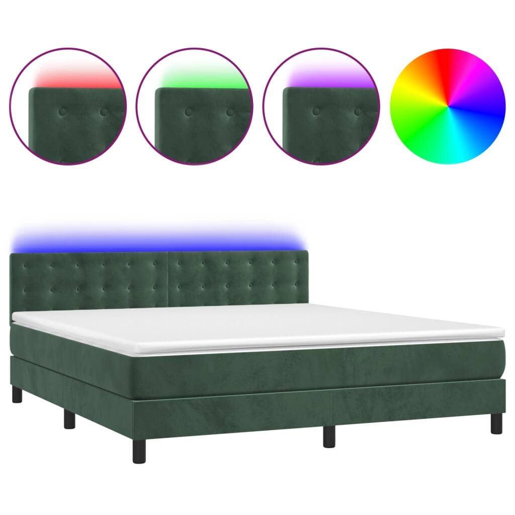 vidaXL Κρεβάτι Boxspring με Στρώμα & LED Σκ. Πράσινο 180x200εκ Βελούδο