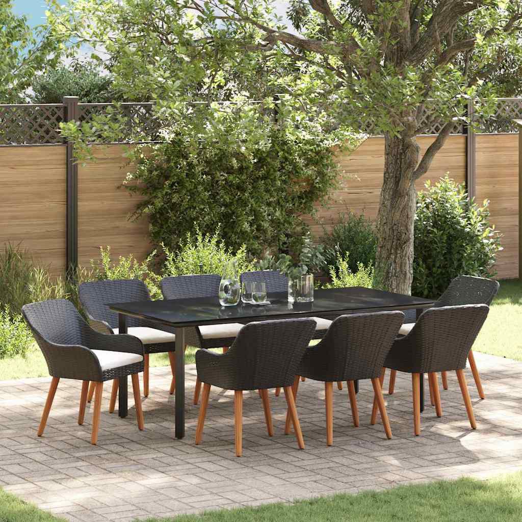 vidaXL Σέτ φαγητού για κήπο με μαξιλάρι 9 pcs Μαύρο συνθετικό ρατάν