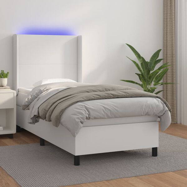 vidaXL Κρεβάτι Boxspring με Στρώμα & LED Λευκό 90x190 εκ. Συνθ. Δέρμα