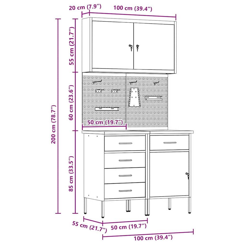 vidaXL Πάγκος εργασίας με συρτάρι 5 pcs Μαύρο 100 x 55 x 200 εκ Ατσάλι